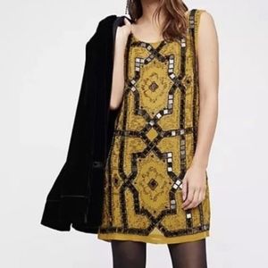 Free People Beaded Speak Easy Yellow Mini Dress NWT